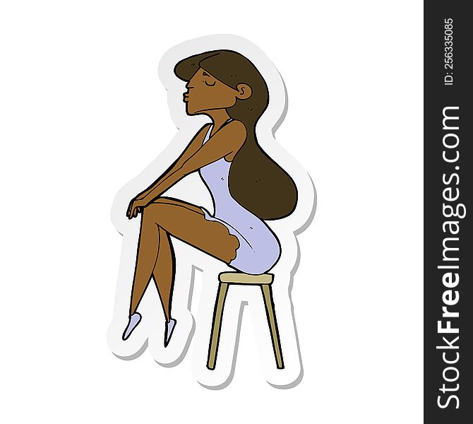 Sticker Of A Cartoon Woman Sitting On Stool