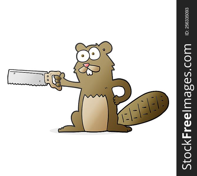 freehand drawn cartoon beaver with saw