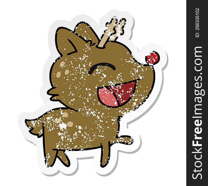 freehand drawn distressed sticker cartoon of cute red nosed reindeer