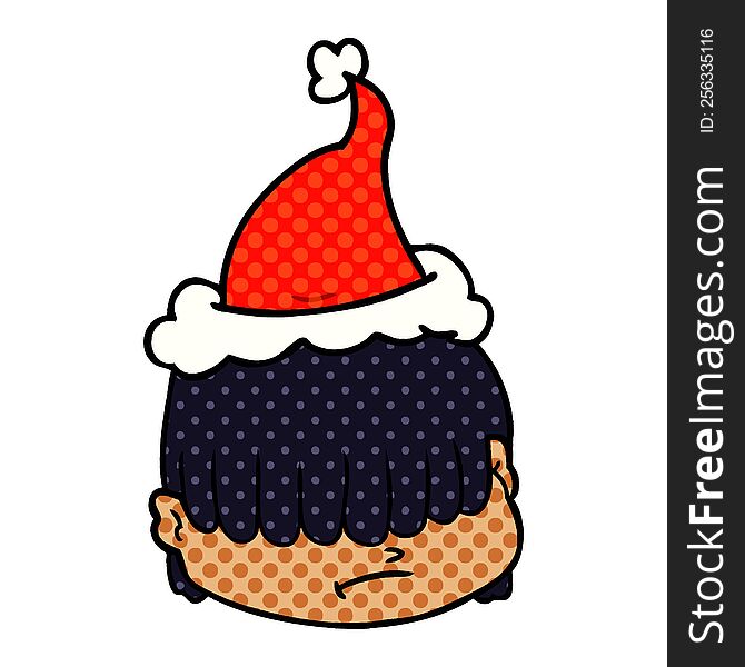 Comic Book Style Illustration Of A Face With Hair Over Eyes Wearing Santa Hat