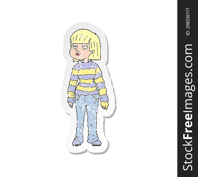 retro distressed sticker of a cartoon woman in casual clothes