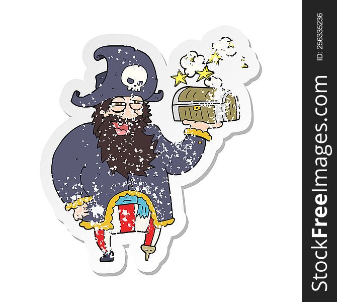 Retro Distressed Sticker Of A Cartoon Pirate Captain With Treasure Chest