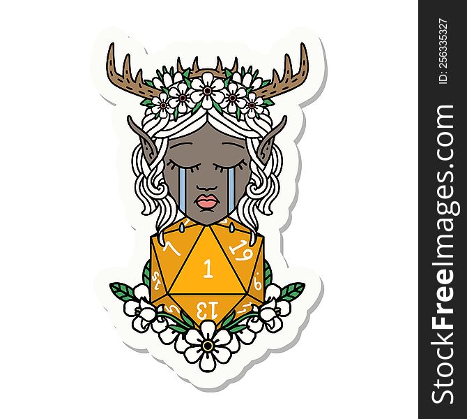 Crying Elf Druid Character Face With Natural One D20 Roll Sticker