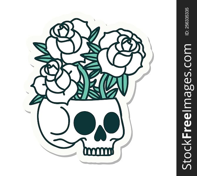 tattoo style sticker of a skull and roses