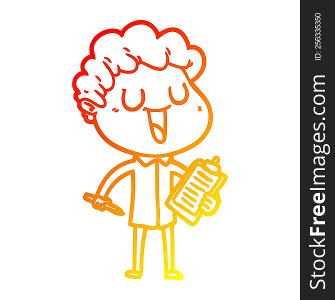warm gradient line drawing laughing cartoon man with clipboard and pen