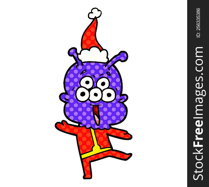 happy hand drawn comic book style illustration of a alien dancing wearing santa hat