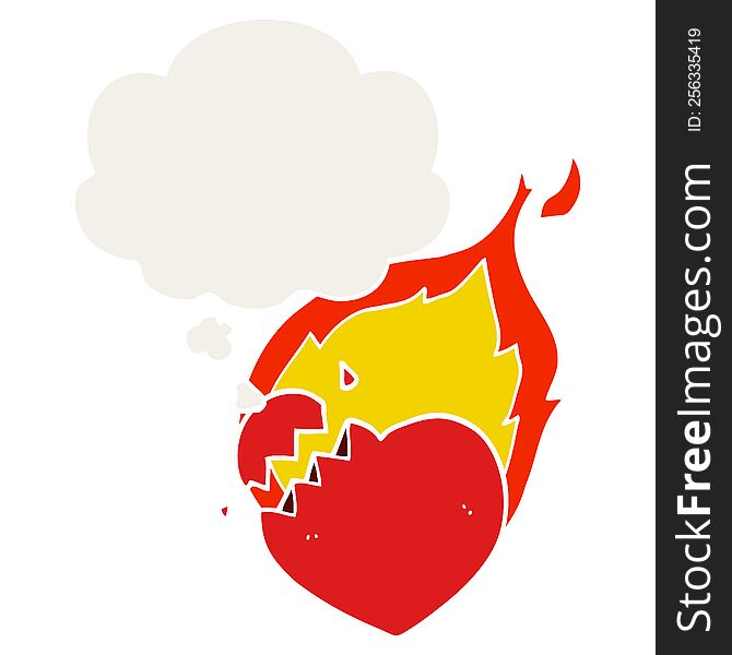 cartoon flaming heart with thought bubble in retro style