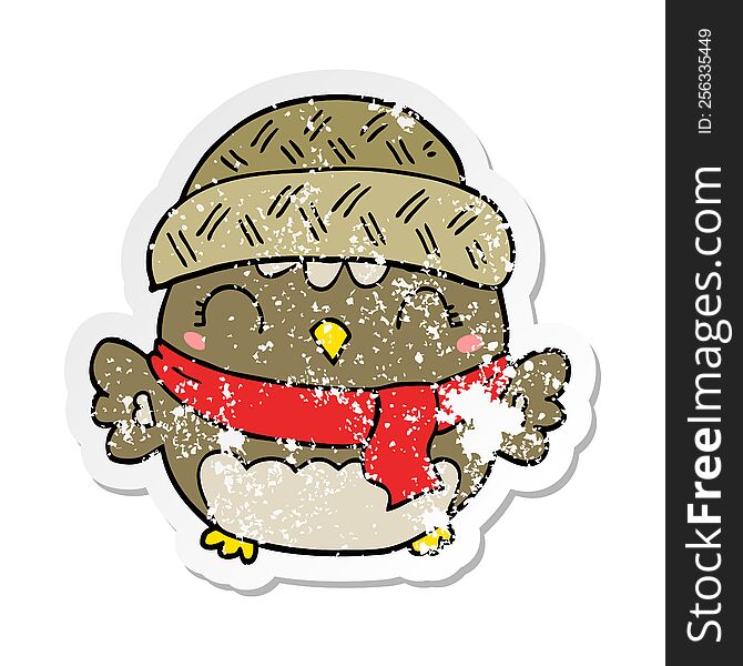 Distressed Sticker Of A Cute Cartoon Owl In Hat