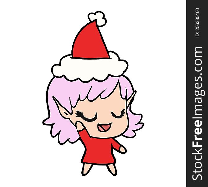 happy hand drawn line drawing of a elf girl wearing santa hat. happy hand drawn line drawing of a elf girl wearing santa hat