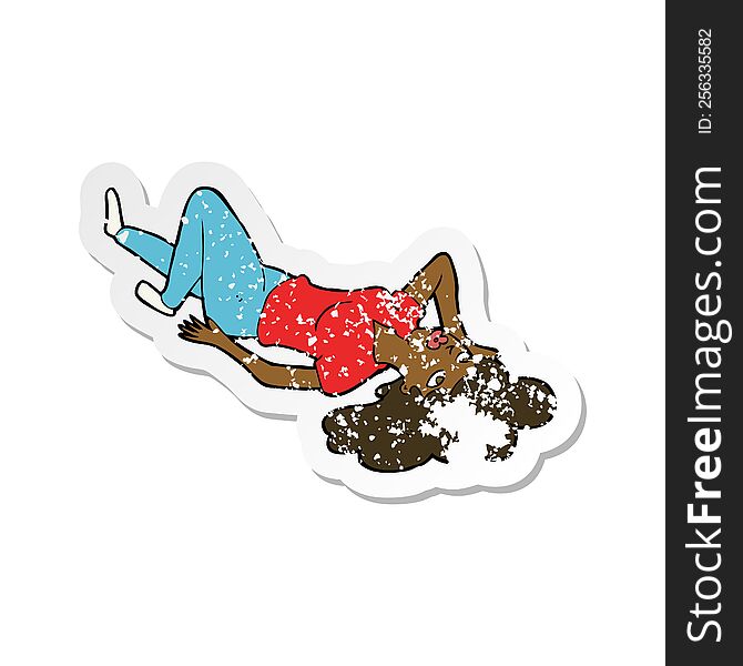 retro distressed sticker of a cartoon woman lying on floor