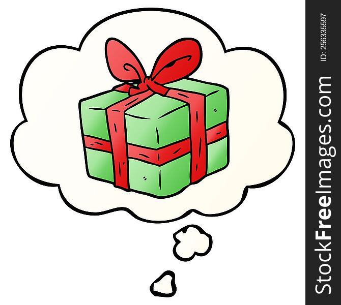 cartoon wrapped gift and thought bubble in smooth gradient style