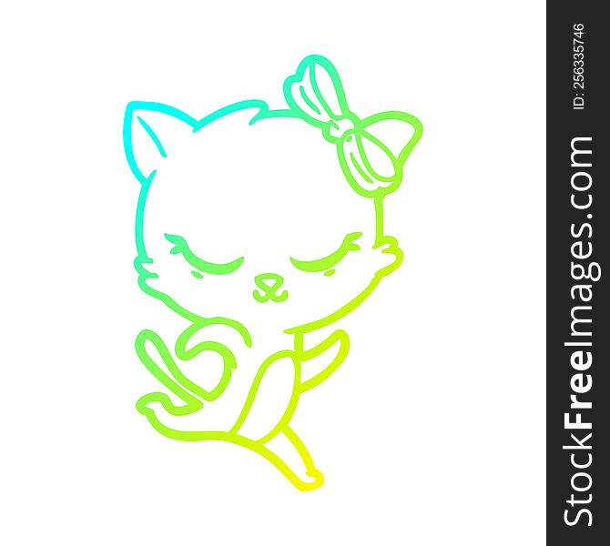 Cold Gradient Line Drawing Cute Cartoon Cat With Bow Running