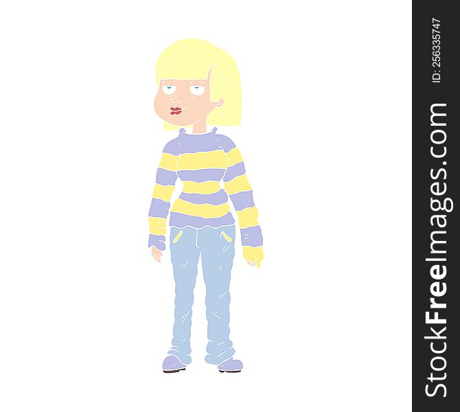 Flat Color Illustration Of A Cartoon Woman In Casual Clothes
