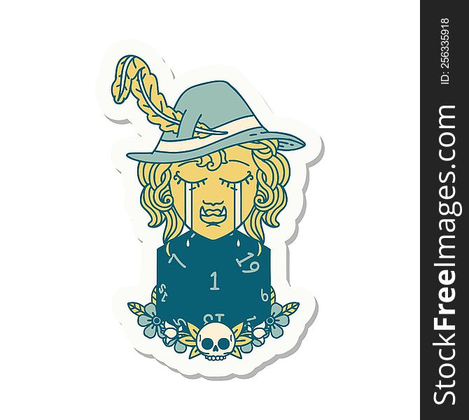 sticker of a crying bard orc bard character with natural one D20 roll. sticker of a crying bard orc bard character with natural one D20 roll