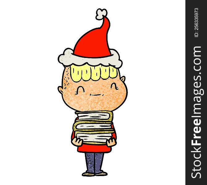 hand drawn textured cartoon of a friendly boy with books wearing santa hat