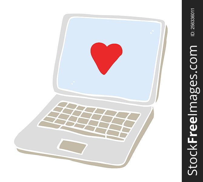 flat color illustration of a cartoon laptop computer with heart symbol on screen
