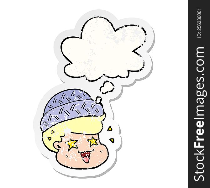 cartoon boy wearing hat with thought bubble as a distressed worn sticker