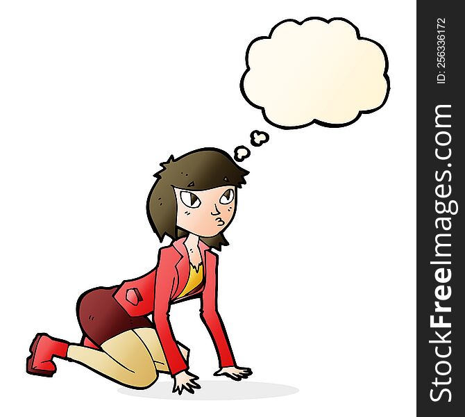 cartoon woman on hands and knees with thought bubble