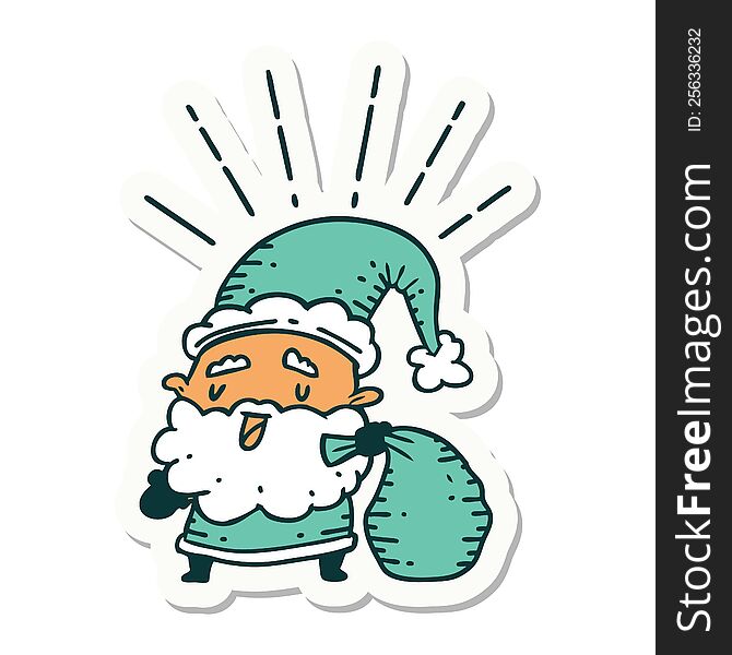 Sticker Of Tattoo Style Santa Claus Christmas Character With Sack