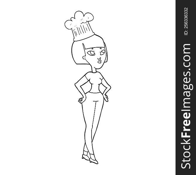 freehand drawn black and white cartoon female chef. freehand drawn black and white cartoon female chef