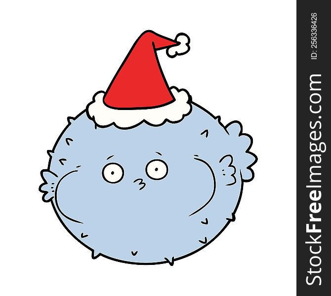 hand drawn line drawing of a puffer fish wearing santa hat
