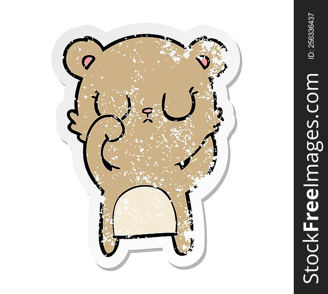 distressed sticker of a peaceful cartoon bear