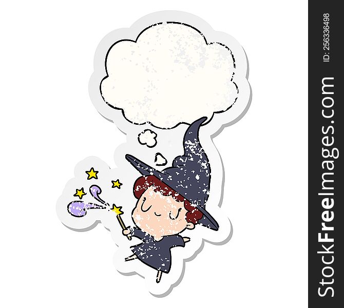 Cartoon Witch And Thought Bubble As A Distressed Worn Sticker