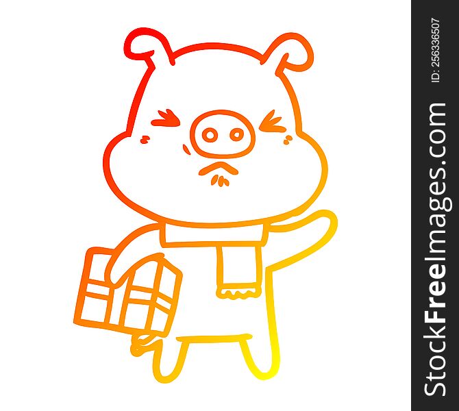 Warm Gradient Line Drawing Cartoon Angry Pig With Christmas Present