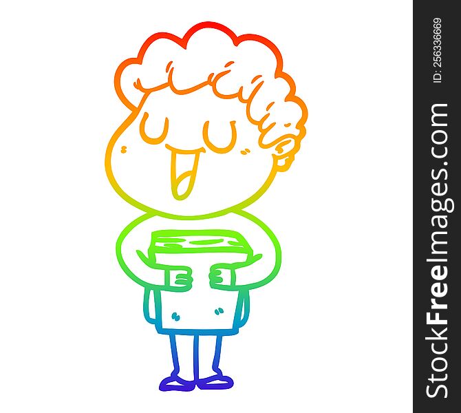 rainbow gradient line drawing of a laughing cartoon man with book