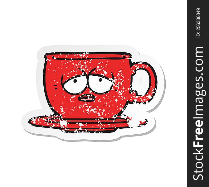Distressed Sticker Of A Cartoon Tired Tea Cup