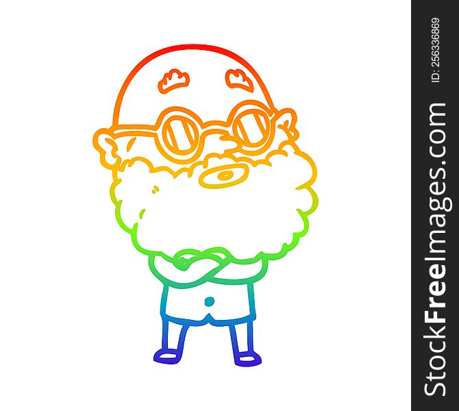 rainbow gradient line drawing of a cartoon curious man with beard and glasses