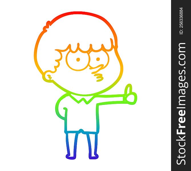 rainbow gradient line drawing of a cartoon curious boy giving thumbs up sign
