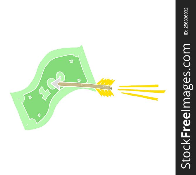 flat color illustration of a cartoon flying arrow hitting money note