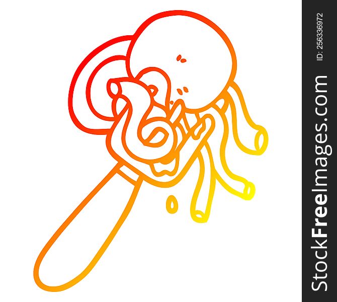 warm gradient line drawing of a cartoon spaghetti and meatballs on fork