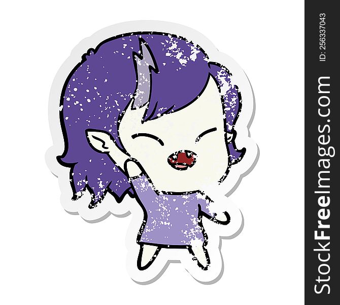 distressed sticker of a cartoon laughing vampire girl waving