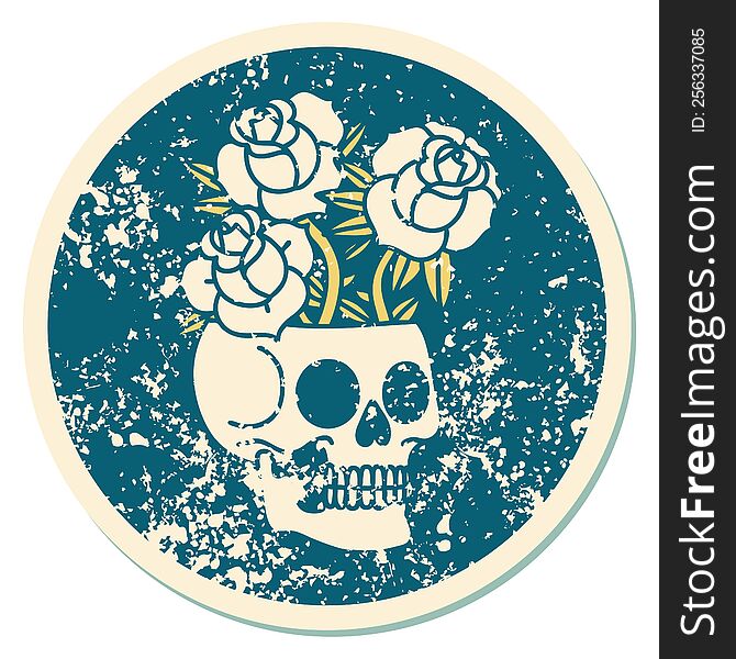 iconic distressed sticker tattoo style image of a skull and roses. iconic distressed sticker tattoo style image of a skull and roses