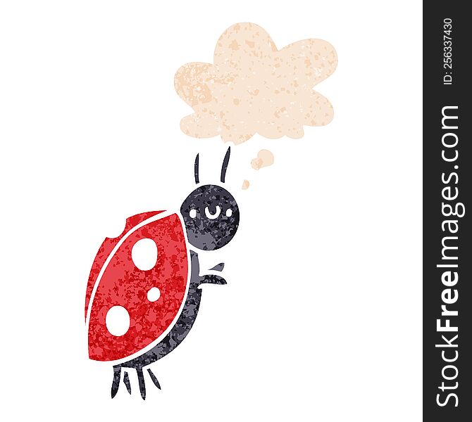 Cartoon Ladybug And Thought Bubble In Retro Textured Style