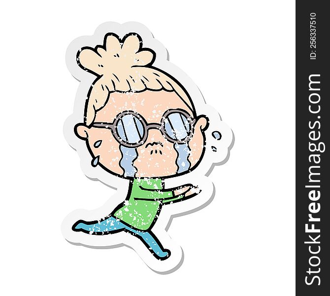 Distressed Sticker Of A Cartoon Crying Woman Wearing Spectacles