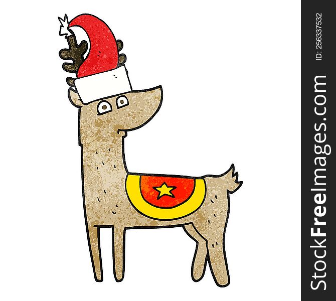 freehand textured cartoon reindeer wearing christmas hat