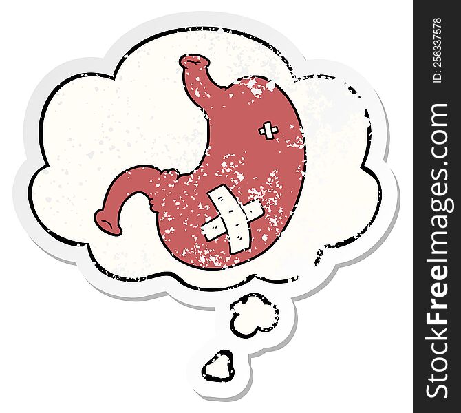 cartoon stomach with thought bubble as a distressed worn sticker