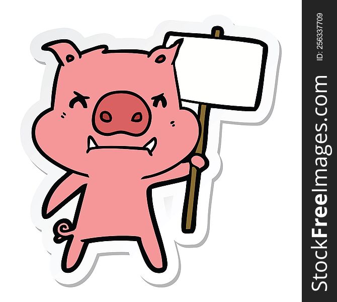 Sticker Of A Angry Cartoon Pig Protesting