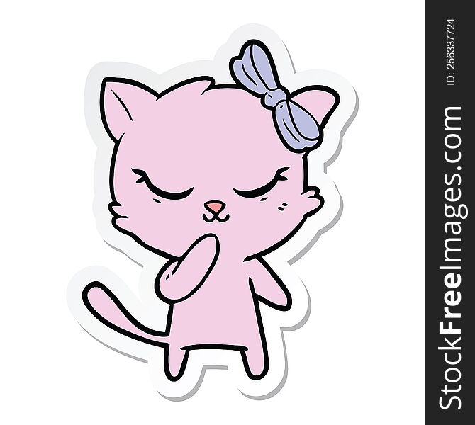 Sticker Of A Cute Cartoon Cat With Bow