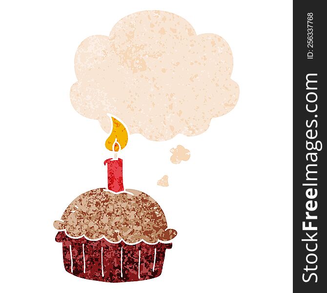 Cartoon Birthday Cupcake And Thought Bubble In Retro Textured Style