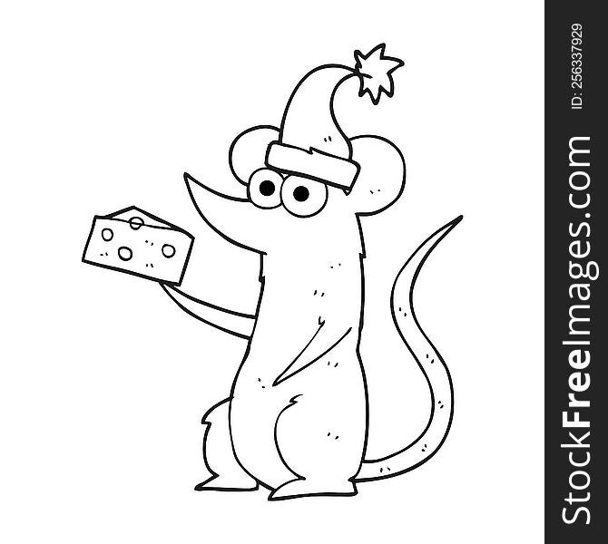 Black And White Cartoon Christmas Mouse With Cheese