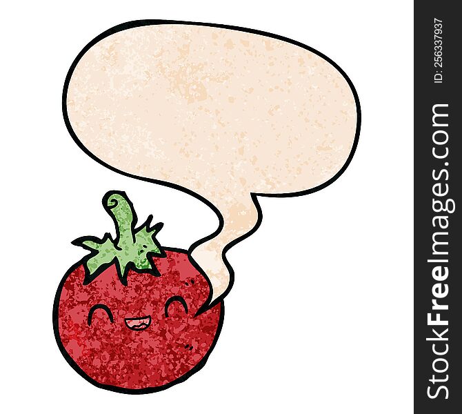 Cute Cartoon Tomato And Speech Bubble In Retro Texture Style
