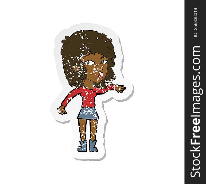 Retro Distressed Sticker Of A Cartoon Woman Playing It Cool