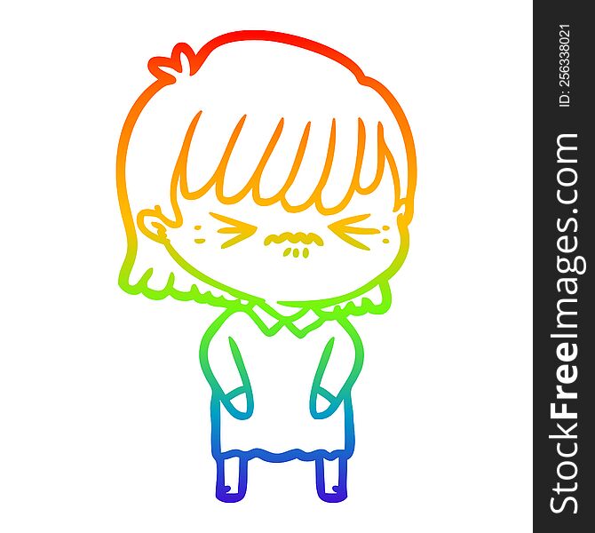 rainbow gradient line drawing of a annoyed cartoon girl