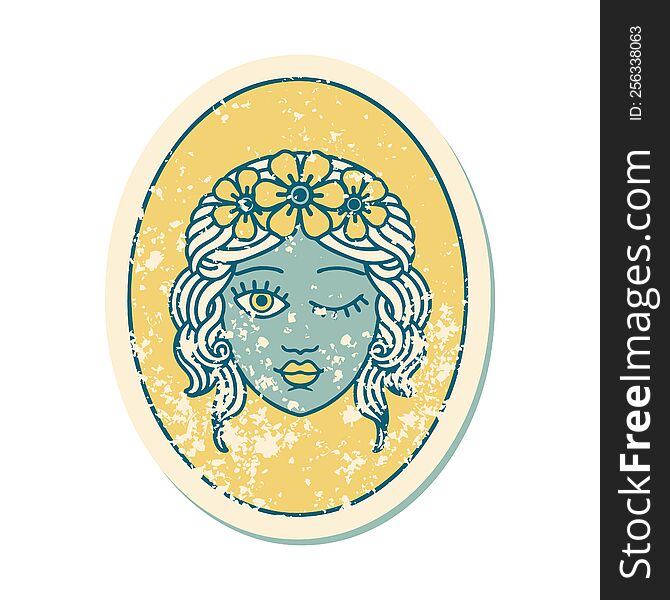 iconic distressed sticker tattoo style image of a maiden with crown of flowers winking. iconic distressed sticker tattoo style image of a maiden with crown of flowers winking