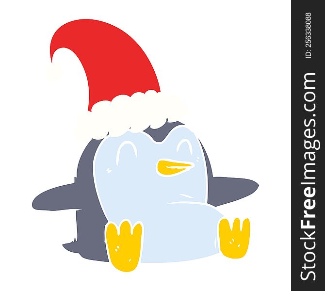 Flat Color Style Cartoon Penguin Wearing Christmas Hat