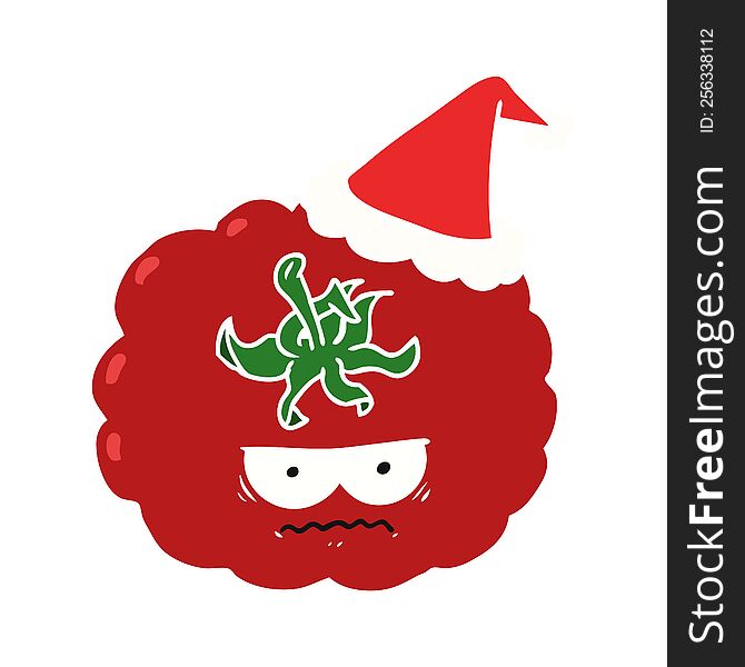 hand drawn flat color illustration of a angry tomato wearing santa hat